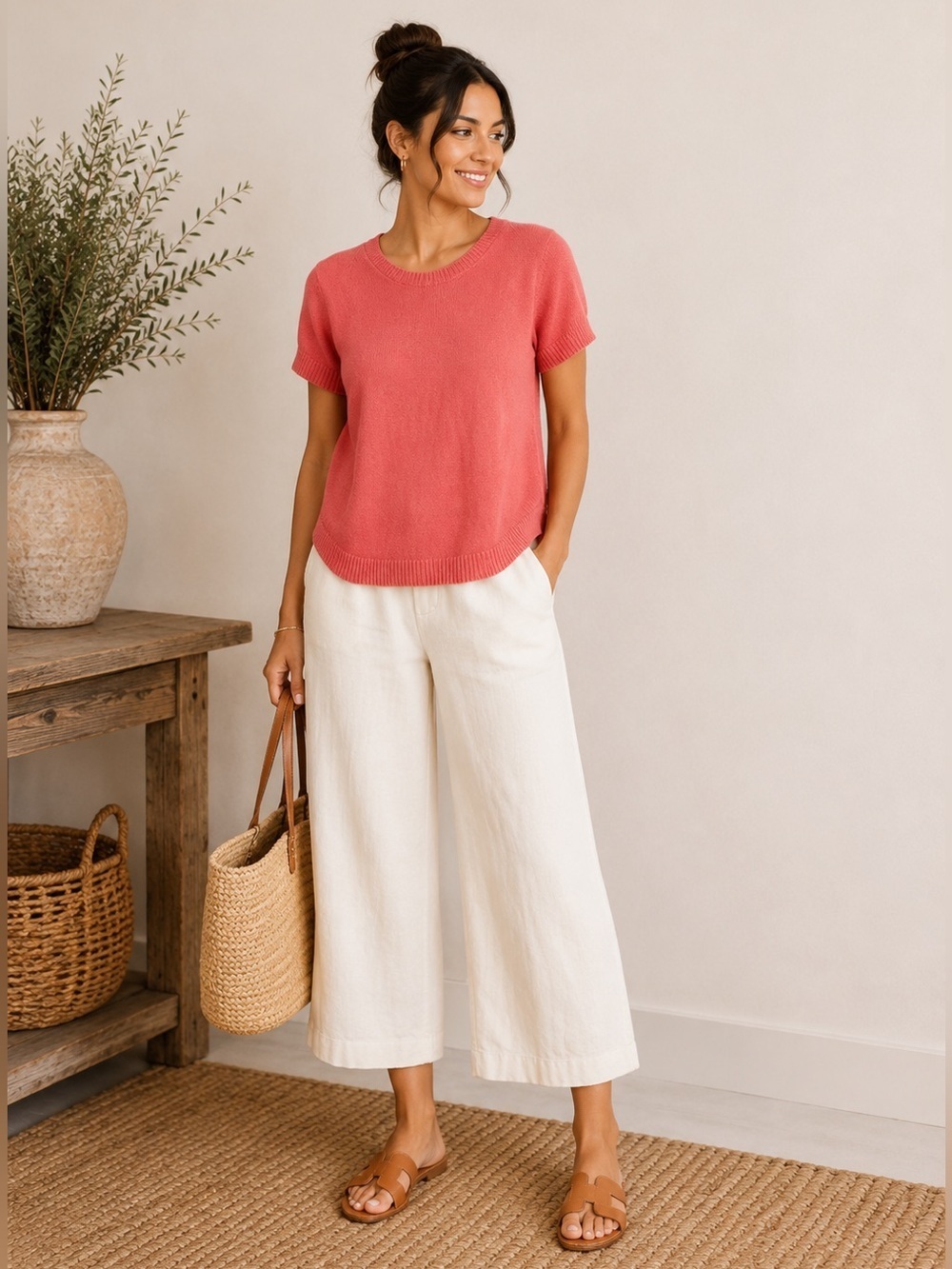 NWT Time and Tru Crewneck Short Sleeve Sweater Pink Camellia Sz. Small Boho Chic